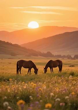 Horses grazing at sunset
