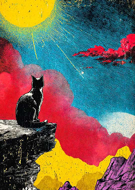 Pop Art Black Cat Surreal Sunset