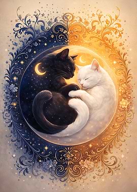 Yin Yang Cats with Celestial Ornaments
