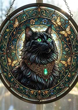 Stained Glass Black Cat with Emerald Necklace