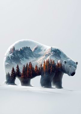 Polar Bear with Mountain Landscape Overlay