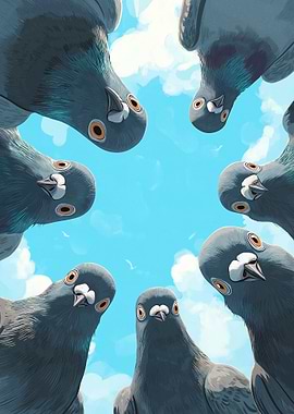 Pigeons looking down from the sky