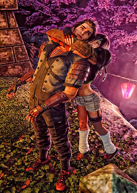 Couple embracing under cherry blossoms