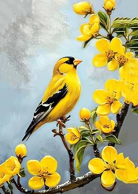 Goldfinch on a Branch with Yellow Flowers