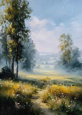 Misty Meadow Path with Wildflowers