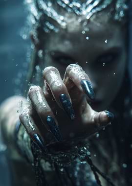 Mysterious Woman with Long Nails Underwater