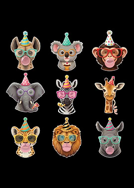 Cute Animals Wearing Party Hats and Glasses