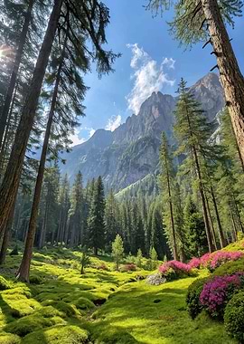 Mountain forest with vibrant green moss and pink flowers