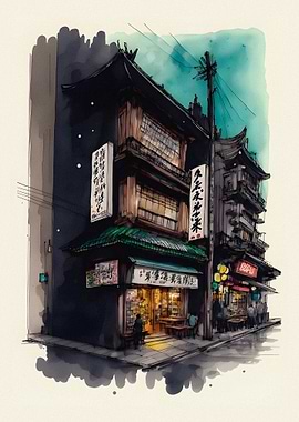 Japanese Street Scene Watercolor