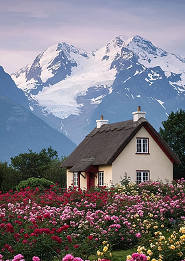 Thatched Cottage with Roses and Mountains