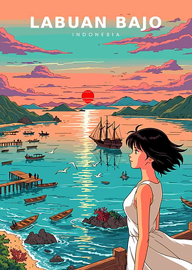 Anime girl watching sunset in Labuan Bajo