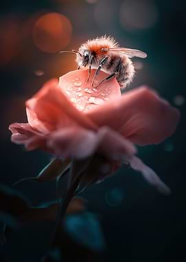 Bee on a Rose with Water Droplets