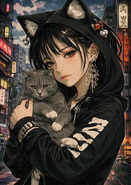 Anime Girl Holding a Cat in City