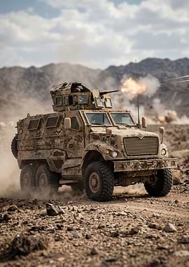 Military vehicle firing weapon in desert
