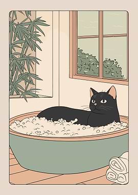 Black Cat in Bubble Bath