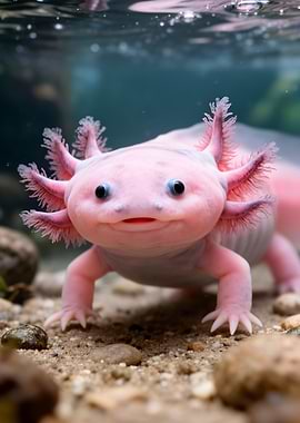 Cute Pink Axolotl Underwater