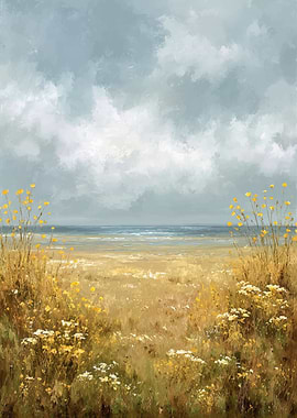 Coastal Meadow with Wildflowers and Cloudy Sky