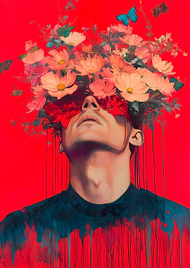 Man with Flowers Over Face