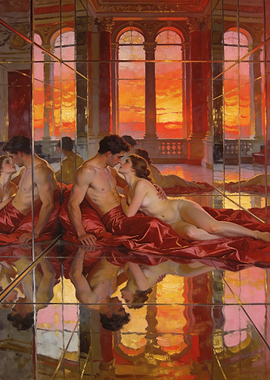 Couple Kissing in Mirrored Room at Sunset