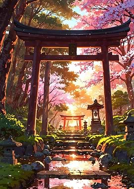 Serene Japanese Torii Gate in Bloom