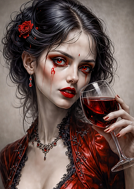 Gothic Vampire Woman with Red Wine