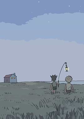 Two boys with a lantern at dusk