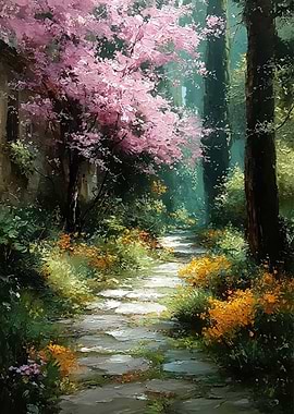 Enchanting Garden Path with Cherry Blossoms