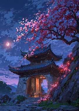 Enchanting Pagoda Under Cherry Blossoms