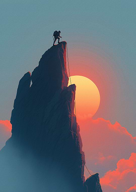 Climber on Mountain Peak at Sunset