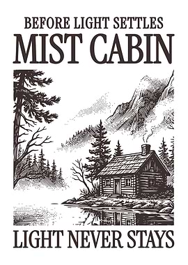 Mist Cabin Vintage Poster, Forest Cabin Engraving Print, Mountain Landscape Art