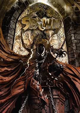 Spawn in front of stained glass