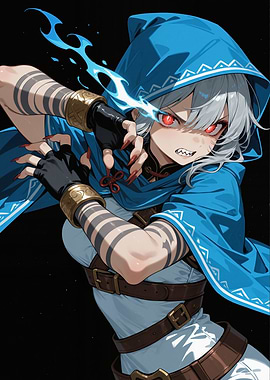 Anime character with blue hood and magic
