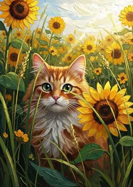 Orange Cat in Sunflower Field