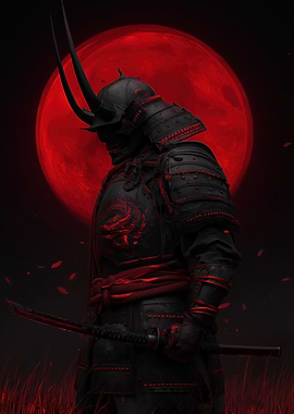 Samurai Warrior Under a Red Moon