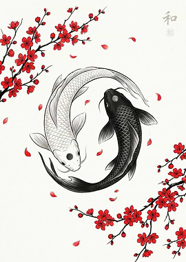Yin Yang Koi Fish with Cherry Blossoms