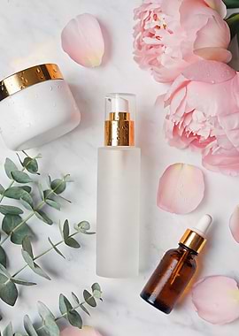 Skincare products with flowers and leaves