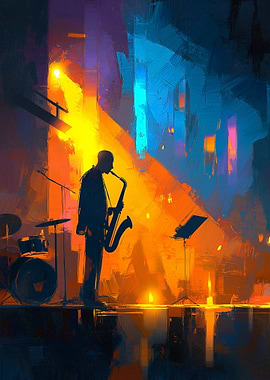 Saxophonist illuminated by stage lights