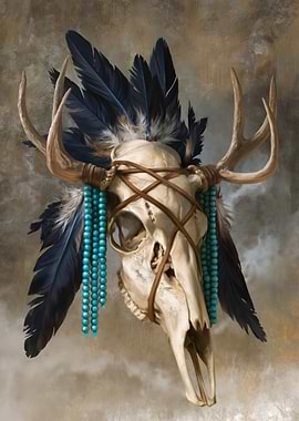 Deer Skull with Feathers and Beads