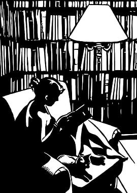 Woman reading by lamplight with cat