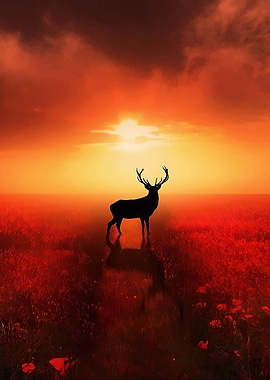 Deer in a field at sunset