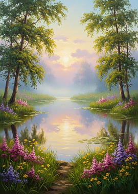 Serene Lakeside Sunrise with Wildflowers