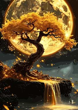 Golden Tree Under a Giant Moon