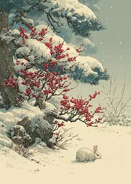 Winter Scene with Rabbit and Plum Blossoms