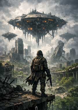 Post-apocalyptic soldier facing alien ships