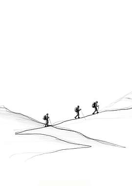 Hikers on a Snowy Mountain Path