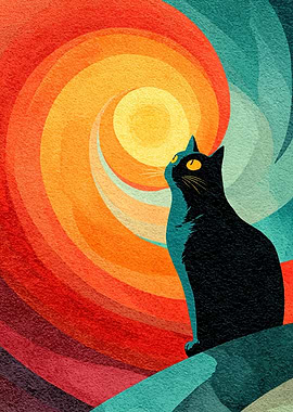 Black Cat Gazing at Swirling Sun