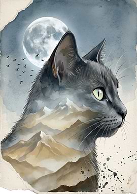 Cat with Mountain Landscape Nature