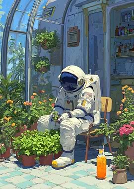 Astronaut tending to plants in a greenhouse