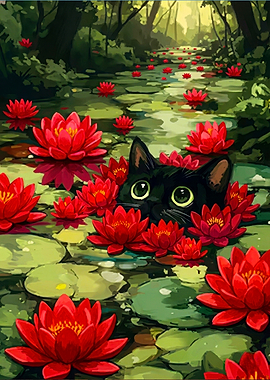 Black Cat Among Red Water Lilies