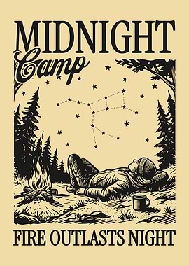 Midnight Camp Vintage Poster, Camping Night Sky Engraving Print, Forest Campfire Landscape